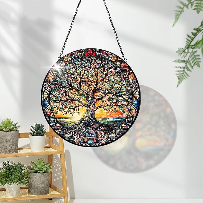 Tree of Life Suncatcher Indoor/Outdoor Stained Glass Window Hanging - Handmade Stained Glass Suncatchers for Windows Hanging - Decoration for Home Garden Christmas Party Wedding Housewarming Gifts