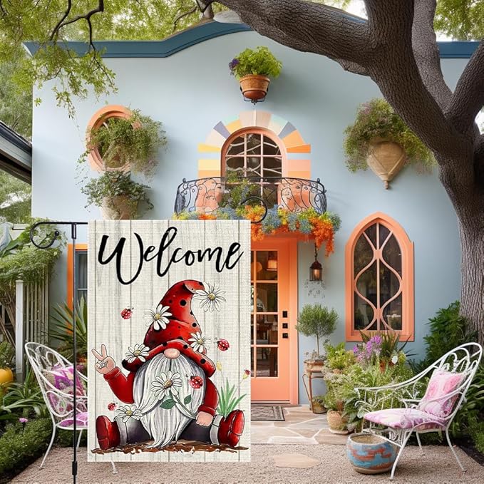 Welcome Garden Flag 12x18 Inch Double Sided with Spring Gnome, Daisies, Ladybugs, and Wooden Fence for Outdoor Yard Decoration