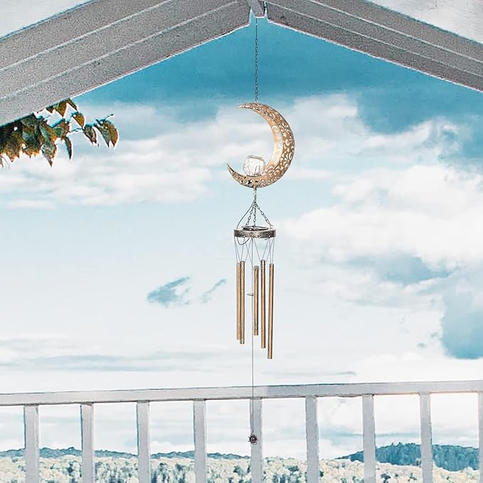Asense Moon Wind Chimes with Crackle Glass Ball Solar Powered LED Lights, Outdoor Garden Decor, Lawn Yard Patio Decoration, Unique Hanging Decor Gifts
