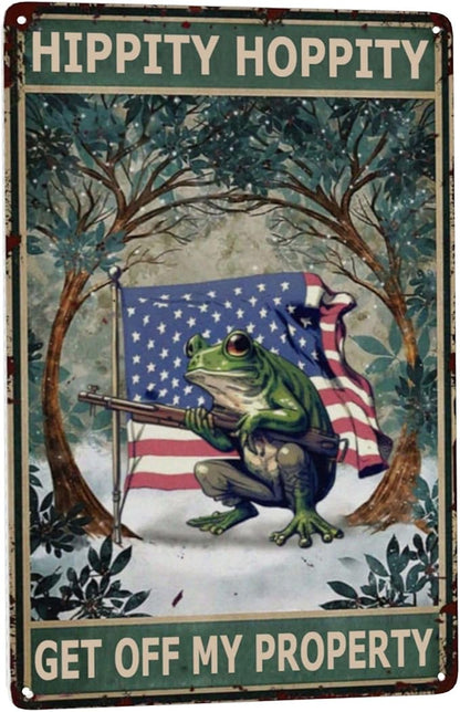 Vintage Metal Frog Door Sign - American Flag Design - Funny & Retro Room Decor - 8x12 Inch Tin Plate - for Garden, Home & Bedroom - 'Hippity Hoppity, Get Off My Property' No Trespassing Banner
