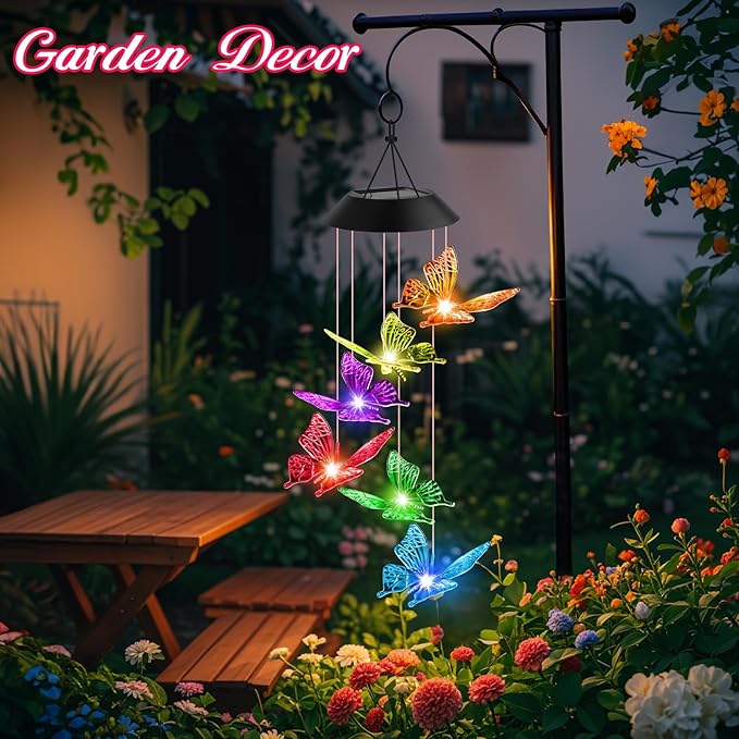 Mom Grandma Nana Gifts for Mothers Day, Birthday Gardening Gifts for Women Wife Sister, Winzwon Solar Lights Outdoor Wind Chimes for Outside Garden Yard Patio Porch Decor Butterfly Decorations