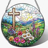 8 Inch Stained Glass Cross Suncatcher for Window Hanging, Stained Glass Windows Hanging Religious Gifts for Women, Sun Catcher for Home Garden Decor, Baptism, Memorial (Cross & Wildflowers)