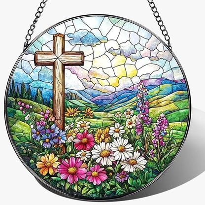 8 Inch Stained Glass Cross Suncatcher for Window Hanging, Stained Glass Windows Hanging Religious Gifts for Women, Sun Catcher for Home Garden Decor, Baptism, Memorial (Cross & Wildflowers)