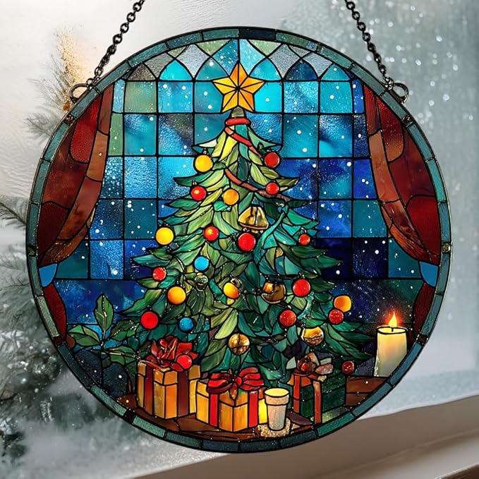 Christmas Tree Colorful Ornaments Hanging Acrylic Suncatcher Stained Glass Effect Window Car Hanging Christmas Ornament Indoor Outdoor Decor Garden Sun Catcher Panel for Women Mom Grandma