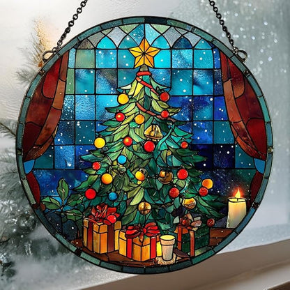 Christmas Tree Colorful Ornaments Hanging Acrylic Suncatcher Stained Glass Effect Window Car Hanging Christmas Ornament Indoor Outdoor Decor Garden Sun Catcher Panel for Women Mom Grandma