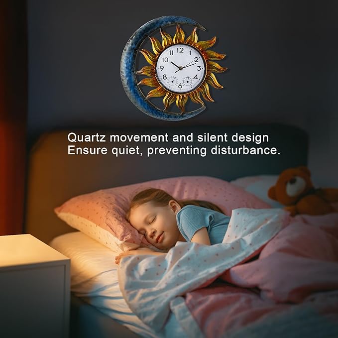 shumi Sun and Moon Outdoor Clock, Decorative Wall Clock for Patio Living Room,Silent Non-Ticking Outdoor Clock Thermometer Combo