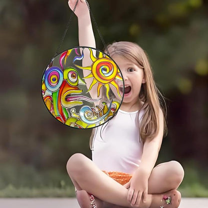 Artistic Sunrise Suncatcher Stained Glass Window Hanging, 7.9'' Abstract Sun Face Suncatchers Garden Hangings with Metal Chain