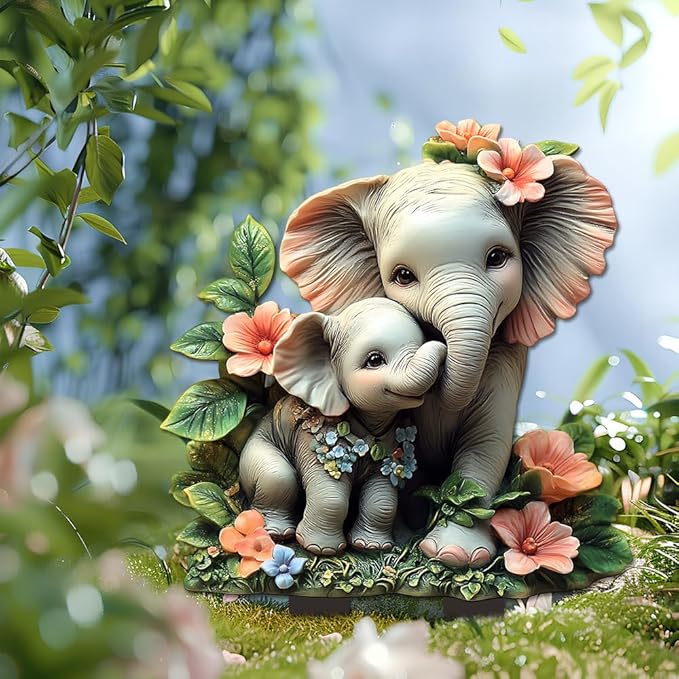 Garden Stake Decor, Acrylic 2D Flat Animal Statue, Fairy Sculptures Ornament Indoor Outdoor Yard Lawn Pot Plant Decorative Accessories (Small Elephant)