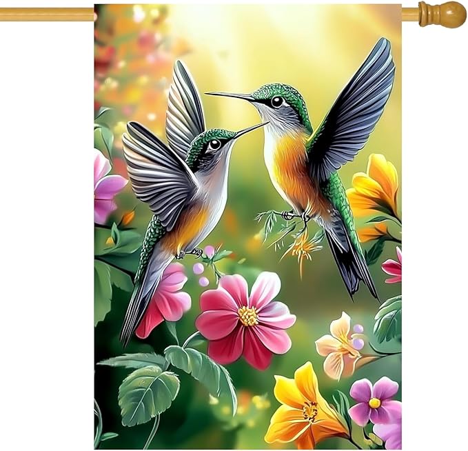 House Flags for Outside 28 x 40 Double Sided, Burlap Large Spring Summer Garden Flag Hummingbird Flowers Outdoor Flags Seasonal Farmhouse Yard Patio Porch Décor