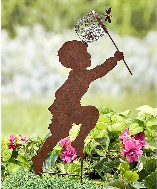 Boy Girl Silhouettes Chasing Butterfly Vintage Metal Garden Silhouette Sculpture, Yard Garden Metal Stake Rustic Decor Gift for Lawn Family Friends