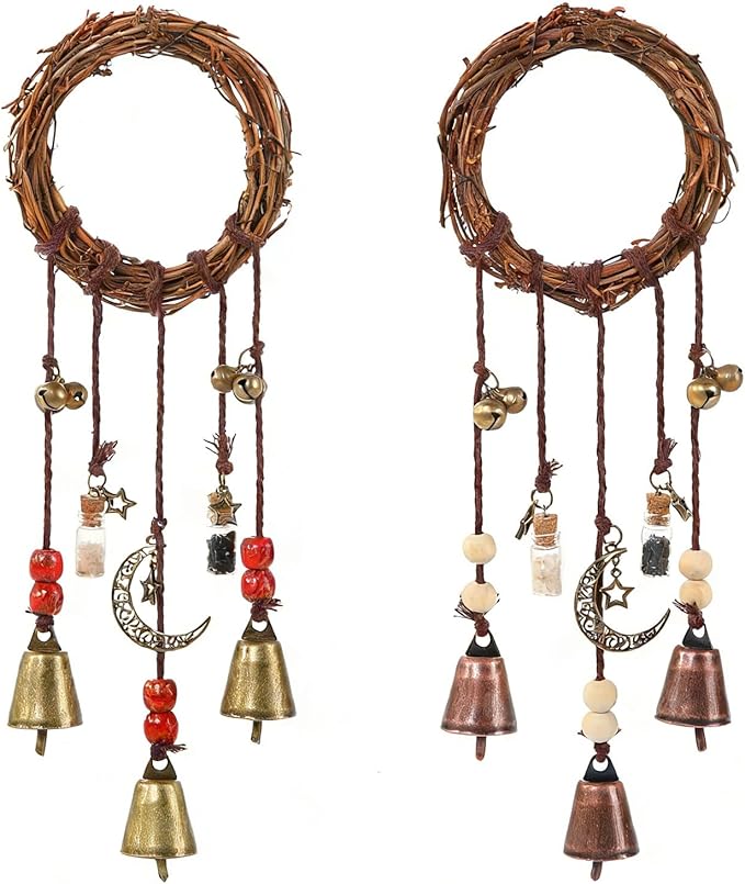 2 Pieces Witch Bells for Door Knob for Protection Hanging Bell Wind Chimes Handmade Decorative Bell for Boho Home Room Witchy Decor (Retro red)