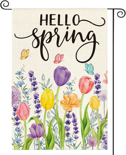 AVOIN colorlife Hello Spring Tulip Lavender Garden Flag 12 x 18 Inch Double Sided, Seasonal Flower Yard Outdoor Flag