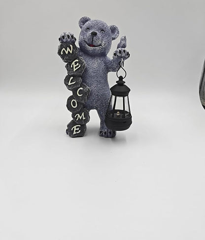 Bear Figurine Light Solar Powered Led Light- Welcome Lawn Decor Bear Garden Statues for Patio, Balcony, Yard Ornament, Outdoor Figurine Light House Housewarming Gifts, 7.8x4.13inch