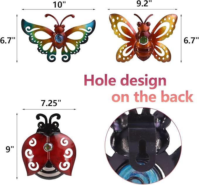 Garden Decor Butterfly Ladybug Bee Metal Wall Art Decor, Wall Decoration Hanging for Home Garden Porch Patio Balcony Ornament for Outdoor Gift, 3 Pack 9 Inch