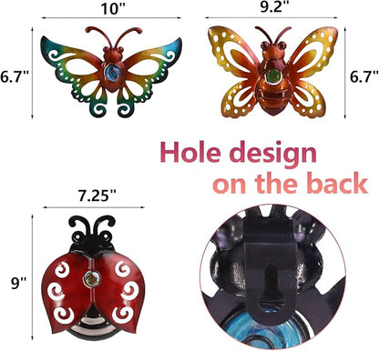 Garden Decor Butterfly Ladybug Bee Metal Wall Art Decor, Wall Decoration Hanging for Home Garden Porch Patio Balcony Ornament for Outdoor Gift, 3 Pack 9 Inch