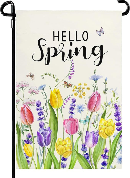 Hello Spring Tulip Garden Flag 12x18 Inch Double Sided Flowers Garden Flags Seasonal Summer Floral Yard Flags for Outside Farmhouse Outdoor Decorations