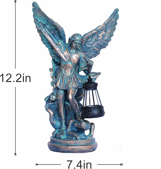 Solar San Miguel Arcangel Outdoor Garden Decor Statues 12.4" Solar St Michael the Archangel Satue for Yard Patio Lawn Porch Decorations Resin St Michael Figurine Religious Collection Sculptures Gifts