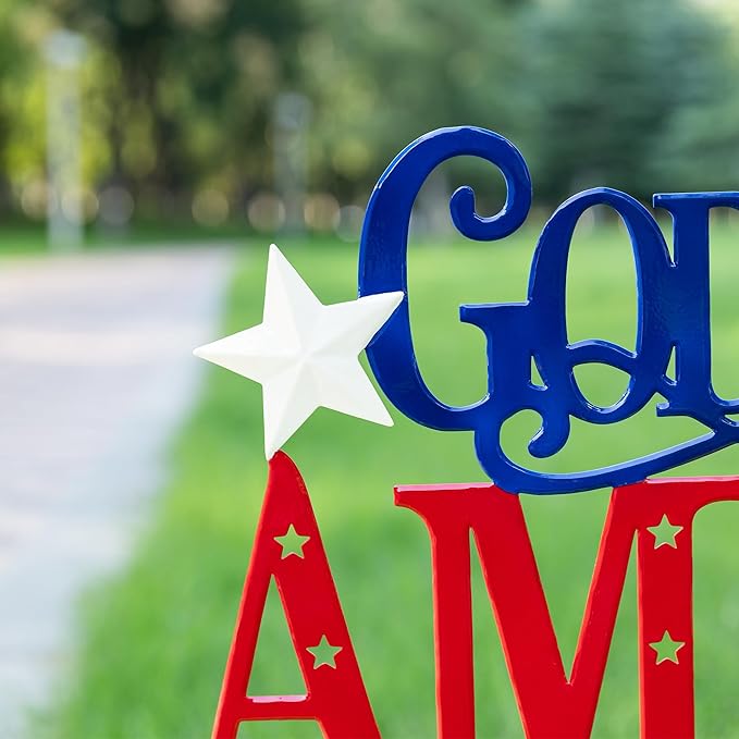 Glitzhome 4th of July Decorations Outdoor, 23.25"H Patriotic GOD BLESS AMERICA Decorative Garden Stakes, Metal Americana Patriotic Day Yard Sign, Memorial Day Yard Signs for Lawn Porch Decor