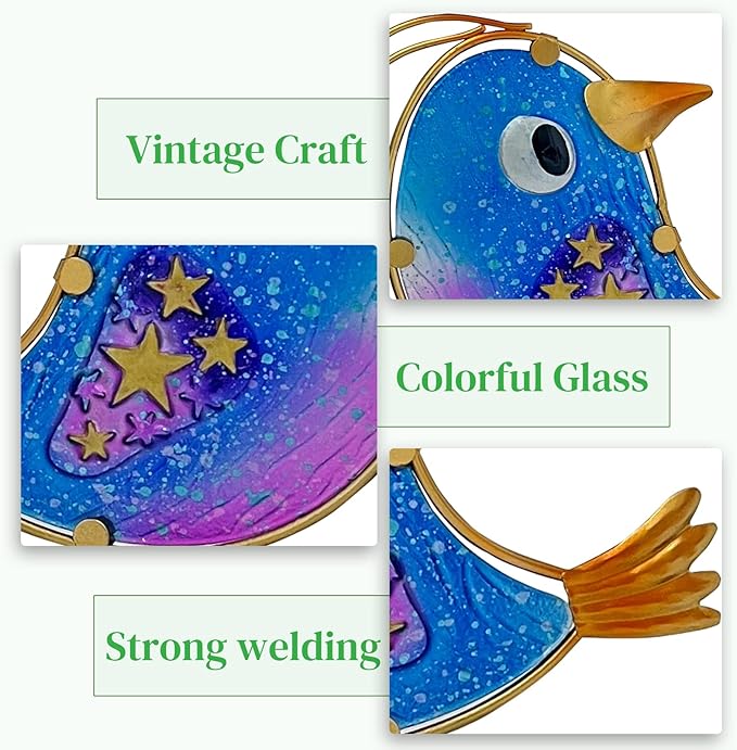 HONGLAND Garden Decor for Outside, Funny Metal & Glass Bird Decor Indoor Outdoor Set of 2, Yard Art Decorations with Housewarming Gift Idea, Colorful Garden Statues