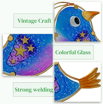 HONGLAND Garden Decor for Outside, Funny Metal & Glass Bird Decor Indoor Outdoor Set of 2, Yard Art Decorations with Housewarming Gift Idea, Colorful Garden Statues