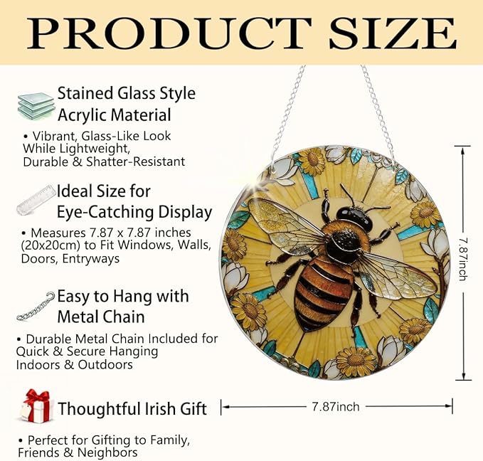 Bees Acrylic Suncatcher for Window Hanging, Indoor Window Wall Art, Hand-Painted Sun Catcher Garden Hangings, Mother's Day Birthday Gifts for Women Friends Mom and Nana