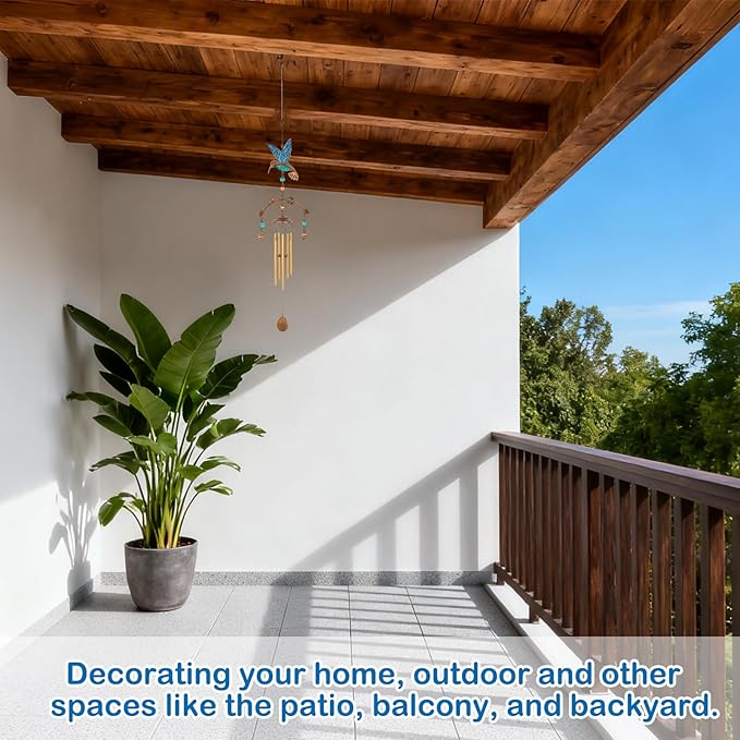 Wind Chimes - Blue Hummingbird Wind Chimes for Outside Deep Tone 34 inches 5 Aluminum Tubes, Birthday, Memorial, Hummingbird Gifts for Mom, Grandma, Decorations for Home, Garden, Patio, Backyard