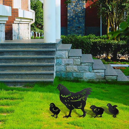4Pcs Metal Chicken Garden Decorative Statues Distinct Hen and Chicks Silhouette Design,Black Hollow-Cut Yard Art, Perfect Decor for Lawns Yard Gardens