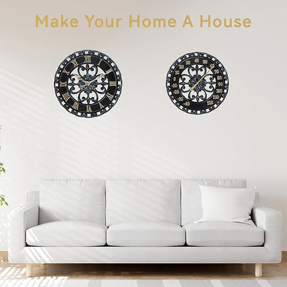 Lily's Home Hanging Verdigris Wall Clock and Dial Thermometer Set, Ideal for Indoor and Outdoor Use, Makes a Great Housewarming Gift, Black (13 Inches)