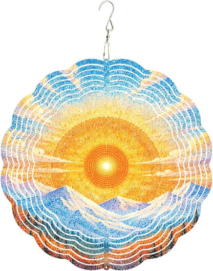 10x10 Sunrise Mountain Forest Spinning Wind Chime Pointillist Sun Snow Peak Crystal Chimes Outdoor Garden Wind Spinner Mother's Day Housewarming Gift