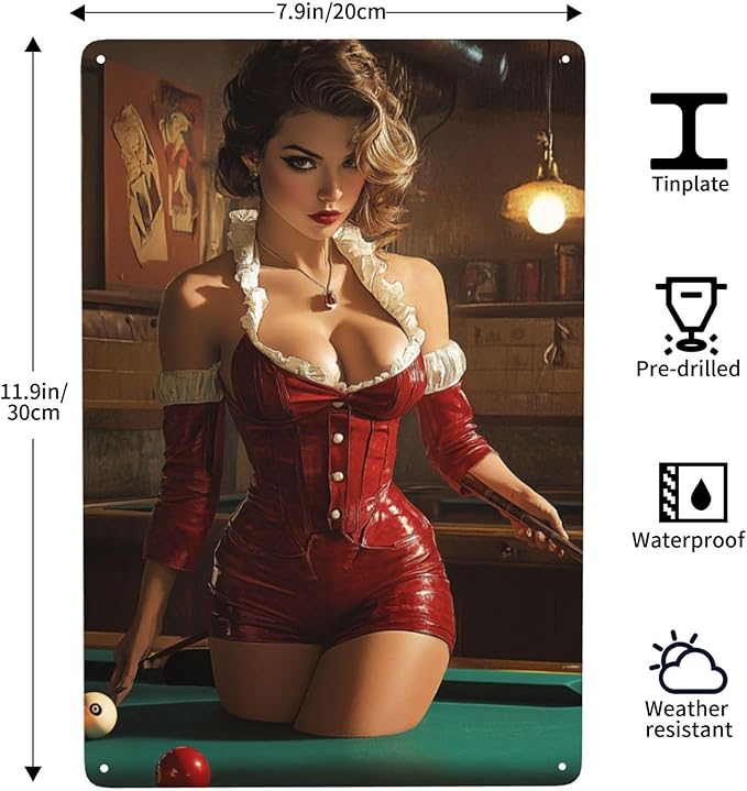 Cafemira Vintage tin sign,sexy woman &pool table,Metal sign Art Decor wall,for studio,office,cafe,bar,living room,Yard,Patio,pool hall decorative plaque poster,easy to hang.8x12 Inch