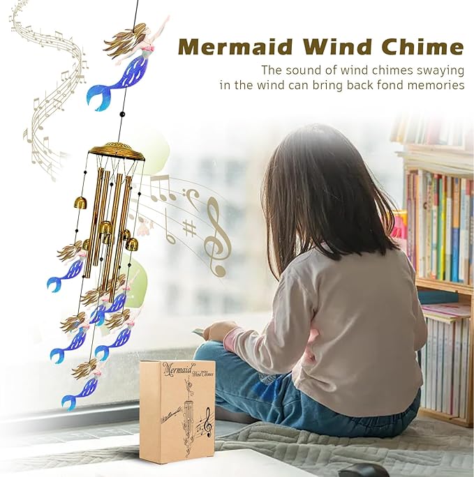 Mermaid Wind Chimes for Outside（Blue） - Wind Chime Gifts, Garden Metal Memorial Windchimes for Mom, Grandma, Yard, Porch, Garden Decor or Birthday Mother's Day Christmas Memorial Gift