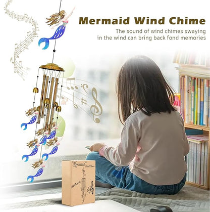 Mermaid Wind Chimes for Outside（Blue） - Wind Chime Gifts, Garden Metal Memorial Windchimes for Mom, Grandma, Yard, Porch, Garden Decor or Birthday Mother's Day Christmas Memorial Gift