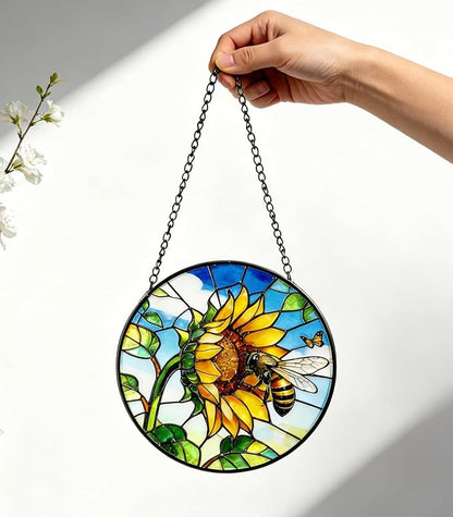 Stained Glass Window Hanging - Sunflower Flower and Bees on a Branch Suncatcher for Window Doors Home Decoration and Christmas, 6.3x6.3 inch