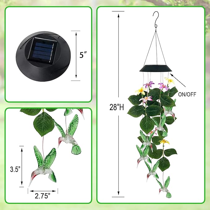 Hummingbirds Solar Wind Chimes Outdoor,Color Changing LED Dangler Mobiles for Outside, Hanging Decoraition for Patio,Porch,Yard,Gifts for Women