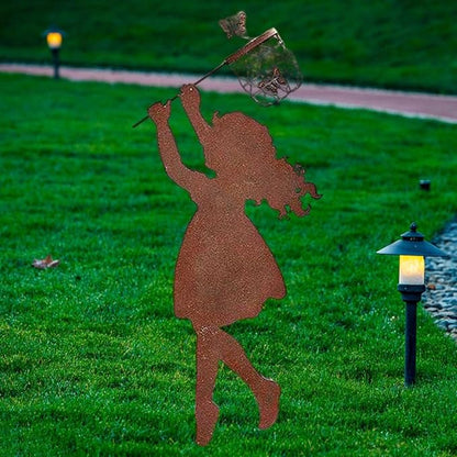 Iron Metal Weatherproof Butterfly Standing Silhouette Art Sculpture Statue for Garden, Girl