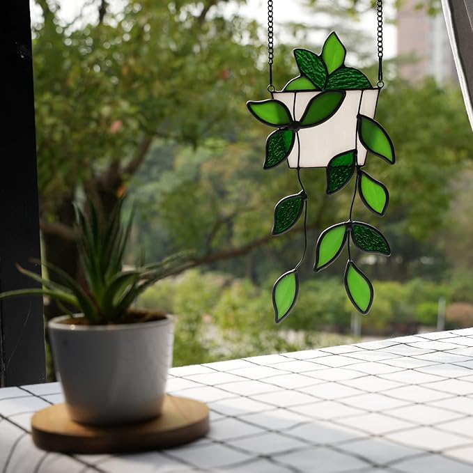 BOXCASA Stained Glass Window Hanging for Plant Lovers,Handmade Green Plants Artificial,Suncatcher Plant Gifts for Women,Grandma,Mother's Day,Christmas