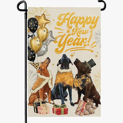 Happy New Year Garden Flag 12 X 18 Inch Double Sided Winter Cute Dogs Balloon Yard Garden Flags for Outside Outdoor Yard Party New Year Decoration