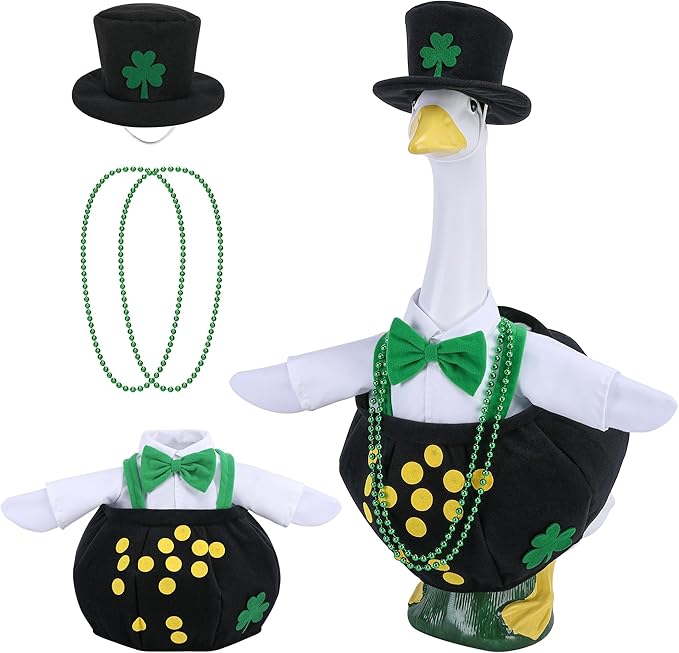 Watayo 4 Pcs/Set St. Patrick's Day Porch Goose Outfits, Shamrock Gold Coin Lawn Goose Statue Costume, Irish Clover Pot Garden Goose Clothes with Hat Bead Necklaces for 23" High Statue Patio Yard Decor