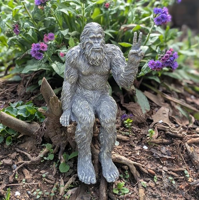 John Bernard & Company Bigfoot Peace Sign Decorative Sasquatch Yeti Statue/Figurine Indoor/Outdoor Sculpture for Patio, Deck, Home, Office 10 in H Shelf Sitter Figurine (Stone Gray)