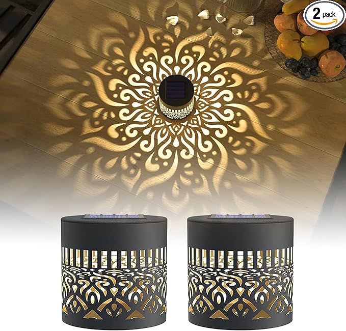 2PCS Decorative Solar Mandala Lights, Solar Powered Outdoor Deck Step Wall Lights, Metal Mandala Theme LED Waterproof Fence Light, for Garden Post Patio Backyard Yard Decor