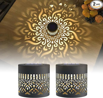 2PCS Decorative Solar Mandala Lights, Solar Powered Outdoor Deck Step Wall Lights, Metal Mandala Theme LED Waterproof Fence Light, for Garden Post Patio Backyard Yard Decor
