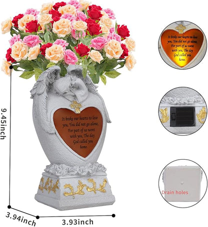 Angel Garden Statue Outdoor Decor, Cemetery Vase with LED, Family Garden Memorial Statue, Crying Angel (White) with Solar Lights