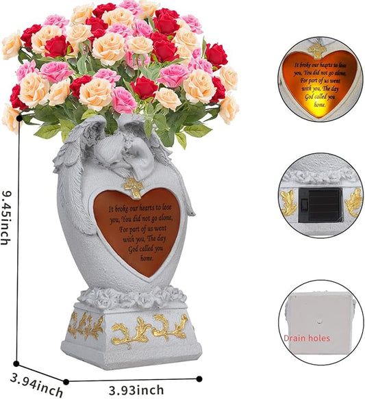 Angel Garden Statue Outdoor Decor, Cemetery Vase with LED, Family Garden Memorial Statue, Crying Angel (White) with Solar Lights