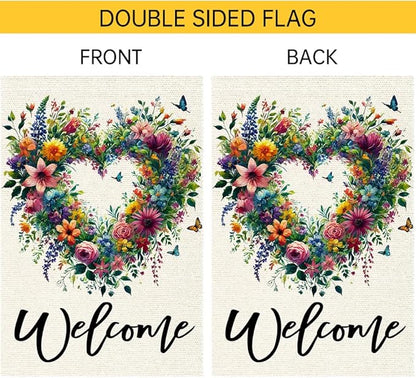 Welcome Spring Summer Garden Flag 12x18 Inch Colorful Floral Love Hearts Garden Flags Double Sided Small Burlap Birds Flowers Butterflies Outdoor Decor Patio Yard Outside Decorations