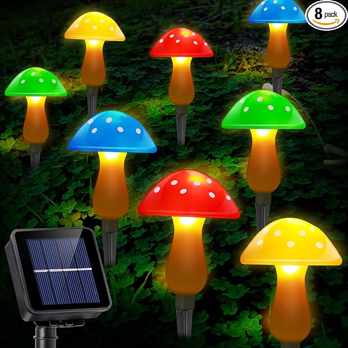 ReyeeInc Solar Garden Decor Lights, Solar Powered Mushroom Outdoor Waterproof Long Lasting Mushrooms Stake Lightings with 8 Lights and 8 Modes for Yard Lawn Flowerbed Pathway Decoration (8 in 1)