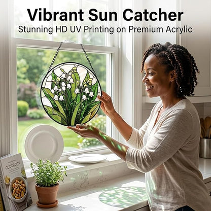 Birthday Gifts for Women - Lily of the Valley Faux Stained Glass Window Hanging Sun Catcher for Door Garden Acrylic Decor Mother's Day Christmas May for Mom Nana Grandma Sisters 7.8"