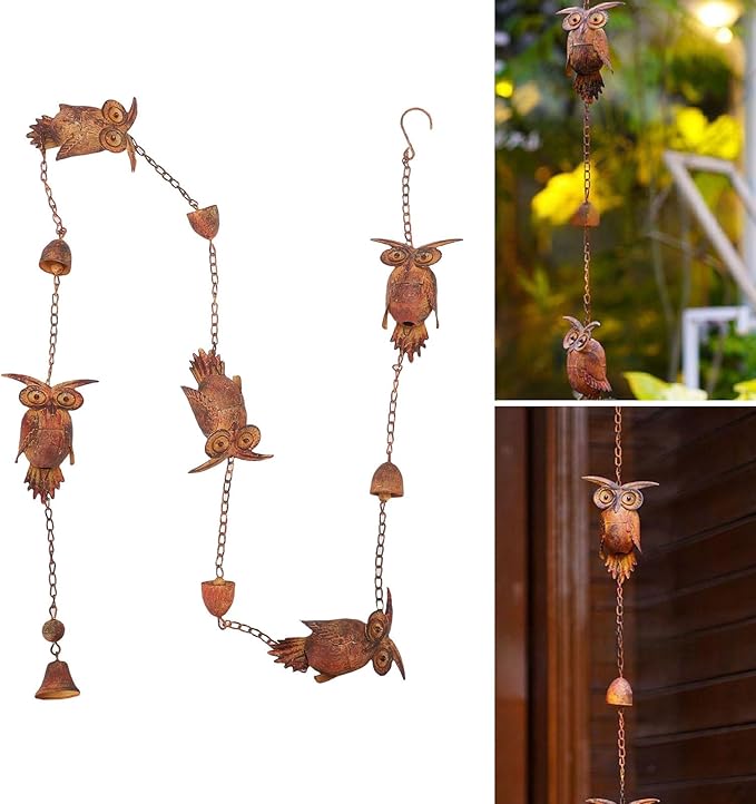 Owl Rain Chain, Bronze Metal Bird Rain Catcher Chain with Bell 90.6 inch Adjustable Metal Rain Chain for Garden Decoration Eave Device
