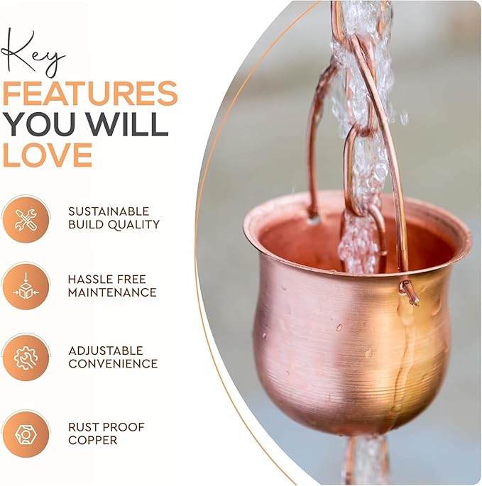 8.5’ Long Copper Rain Chain, Decorative Cups & Chimes, Gutter Downspout Replacement, Water Diverter for Home, Pot Style, Universal Fit
