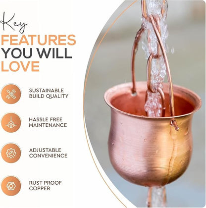 8.5’ Long Copper Rain Chain, Decorative Cups & Chimes, Gutter Downspout Replacement, Water Diverter for Home, Pot Style, Universal Fit