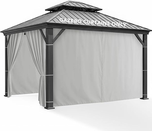 Gazebo Universal Replacement Privacy Curtains - 10'Wx12'Lx7'H Gazebo Curtains Outdoor Waterproof, 4 Panels Sidewall Drapes with Zipper for Patio Pergola Garden Backyard, Silver